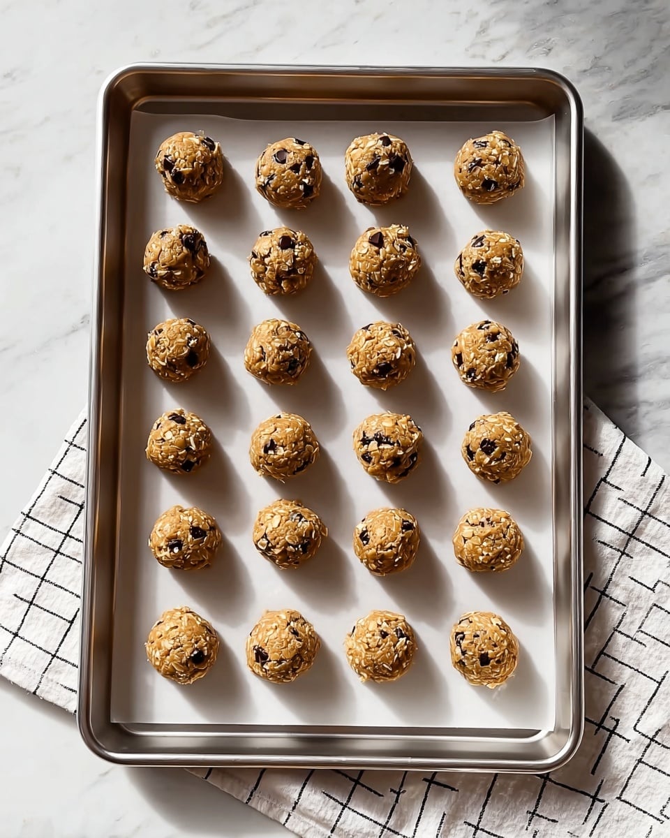 The image shows a silver baking tray lined with white parchment paper placed on a white marbled surface. On the tray, there are 18 round cookie dough balls arranged in a neat 3x6 grid. Each dough ball is light brown with visible oats and dark chocolate pieces mixed in, giving a textured look to their surfaces. The bottom right corner of the tray partially covers a white cloth with a black grid pattern. The photo is softly lit from the top left, casting subtle shadows around the dough balls. photo taken with an iphone --ar 4:5 --v 7
