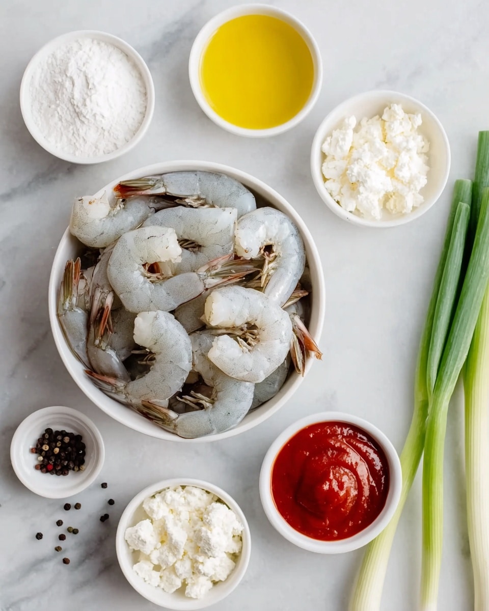 The image shows a white bowl filled with raw, grayish-white shrimp with tails still attached, placed on a white marbled surface. Surrounding the bowl are small white bowls containing various ingredients: one with white powder (flour), one with a bright yellow liquid (oil), one with a white crumbly texture (cottage cheese or ricotta), one with white crystalline powder (salt), and one with thick red sauce (likely ketchup or chili sauce). A few black peppercorns are scattered near the bowls. On the right side of the image, there are three fresh green onions with white bulbs and green stalks resting on the white marbled surface. Photo taken with an iphone --ar 4:5 --v 7
