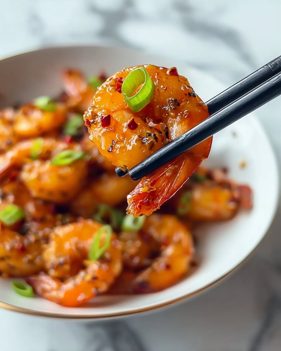 A close-up of a single shrimp held by black chopsticks showing a shiny, orange shrimp coated in a glossy, slightly sticky sauce with visible small bits of red chili flakes and black pepper. The shrimp is garnished with a small slice of bright green scallion on top. Behind it is a white bowl filled with more of the same shrimp, all coated in the same sauce and garnished with scattered scallion slices. The bowl sits on a white marbled surface with soft lighting highlighting the textures and colors. photo taken with an iphone --ar 4:5 --v 7