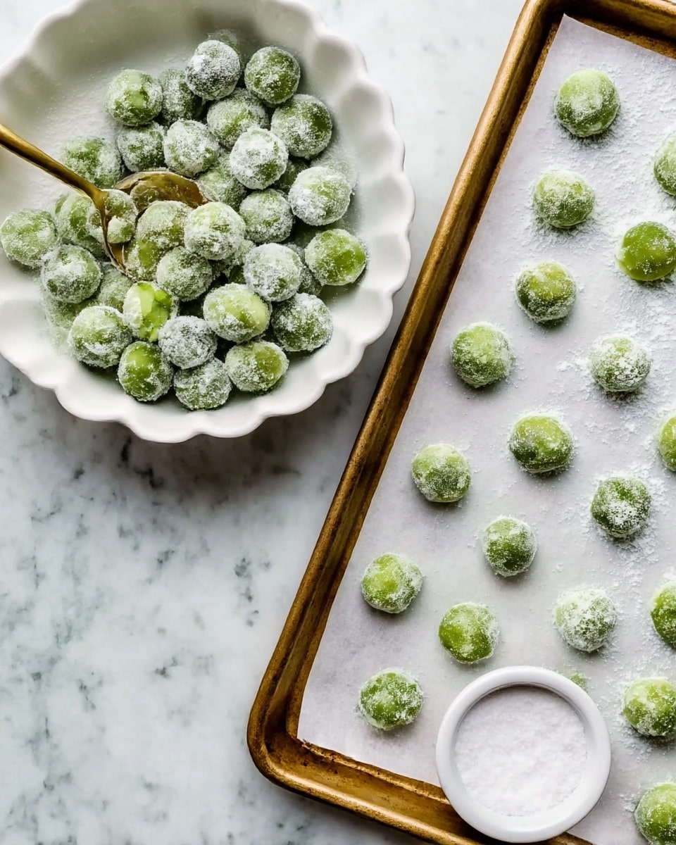 The image shows small round green dough balls covered in white sugar. On the left side, many dough balls are in a white scalloped bowl with sugar, and a gold spoon is scooping some balls. On the right side, the dough balls are spread out on a baking tray lined with white paper, ready to be baked. A small white bowl filled with sugar sits at the bottom right corner of the tray. The background is a white marbled texture. photo taken with an iphone --ar 4:5 --v 7