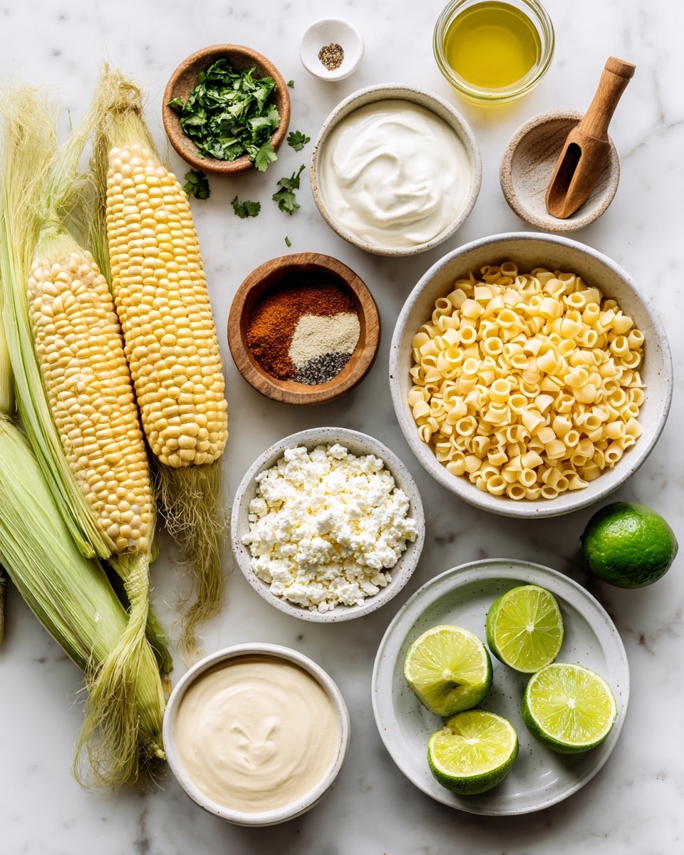 The image shows many ingredients arranged on a white marbled surface. At the center right is a white bowl filled with small, round, yellow pasta pieces. Above it is a medium white bowl with thick, creamy white mayonnaise. Near the top center is a small wooden scoop filled with chopped green cilantro. To the left center is an ear of yellow and white corn with green husk partially open. Below the corn is a small white bowl filled with crumbly white cotija cheese. Near the bottom center is a white bowl with smooth, creamy pale Mexican crema. At the bottom right is a white shallow plate holding three halved limes, showing bright green insides. To the left of the limes is a small wooden bowl with reddish-brown tajín spice. Above it is a tiny dark bowl with white and brown seasonings. Near the top left is a small white cup filled with olive oil in a clear yellowish color. On the far upper left is a clay bowl with light green lime juice. A woman's hand is not visible here. The scene is bright and clear with natural light, taken with an iphone --ar 4:5 --v 7