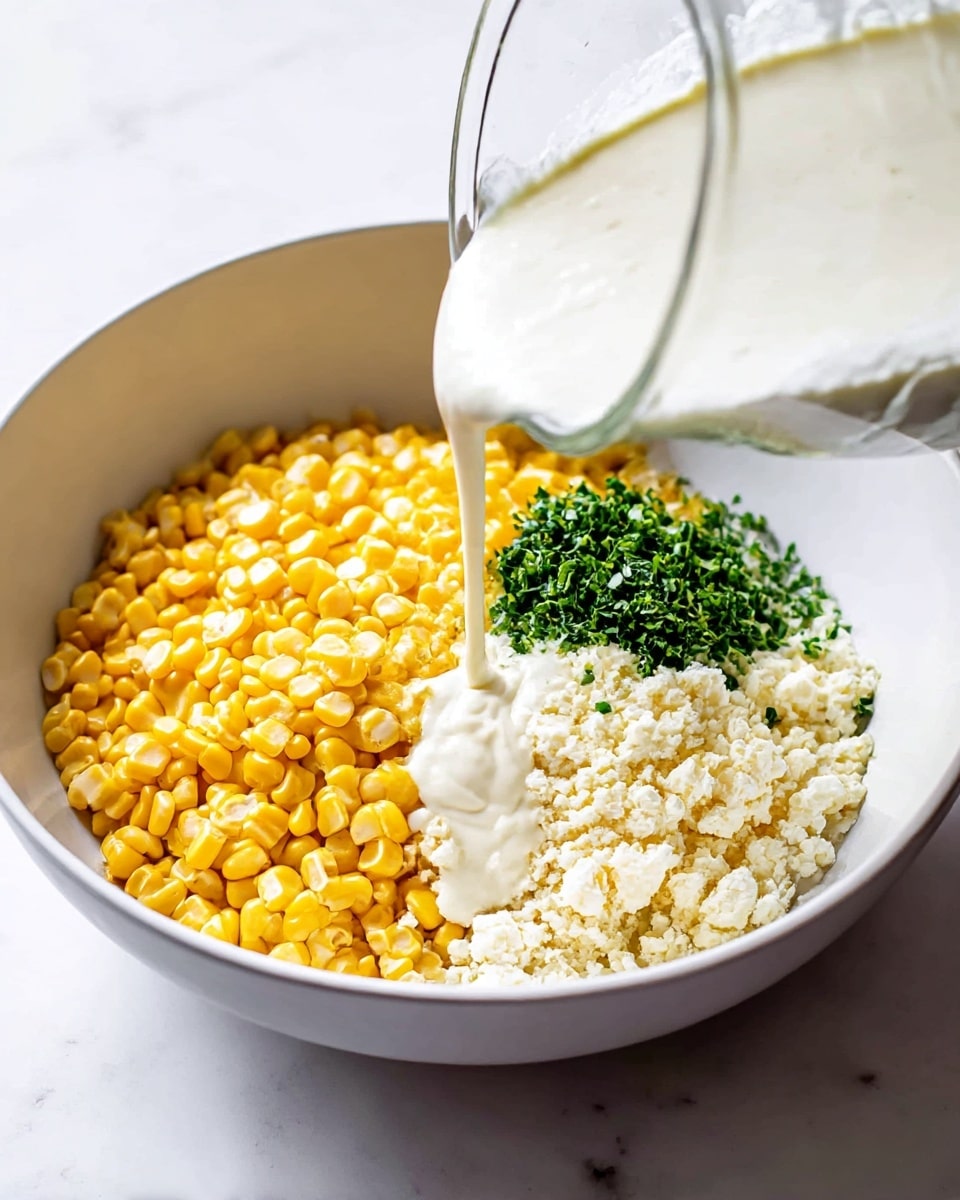 A white bowl sits on a white marbled surface filled with three distinct layers: bright yellow roasted corn kernels on the left, a small bunch of finely chopped green herbs on the upper right, and a pile of crumbly white cheese below the herbs. A creamy white sauce is being poured from a glass container onto the cheese layer, creating soft waves on the surface. The image captures the moment of pouring with clear focus on the textures of the corn, cheese, and sauce. Photo taken with an iphone --ar 4:5 --v 7