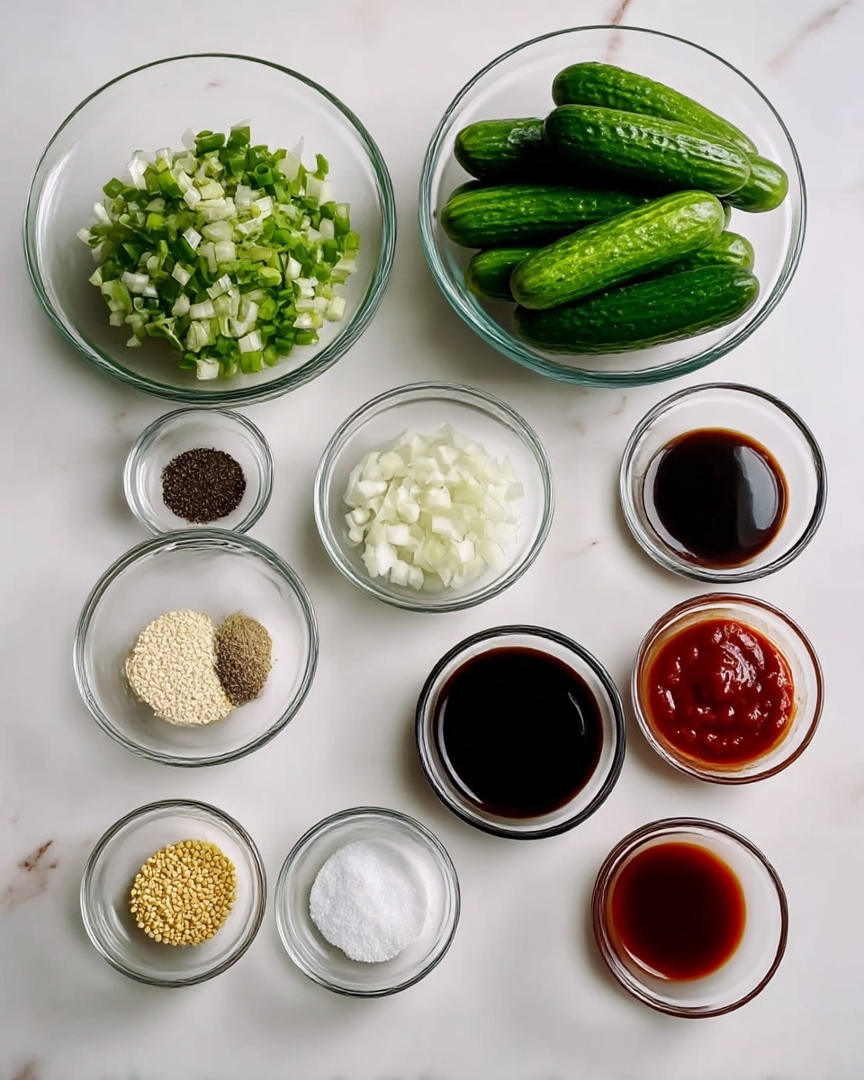 The image shows eleven glass bowls arranged neatly on a white marbled surface. In the top row, from left to right, there is one large glass bowl filled with chopped green onions and another large glass bowl containing six whole mini cucumbers that are bright green and shiny. The second row has three small glass bowls: the left bowl holds black pepper, the middle bowl has chopped white onions, and the right bowl contains thick dark soy sauce. The third row also has three small bowls: the left bowl with pale yellow mustard seeds, the middle bowl holding white granulated garlic powder, and the right bowl filled with red chili paste. The fourth row has three small bowls: the left bowl with white salt, the middle bowl containing a reddish-brown liquid sauce, and the right bowl with a dark thick soy sauce. photo taken with an iphone --ar 4:5 --v 7
