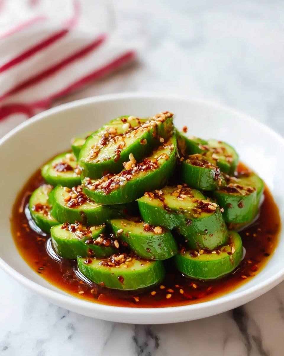 A white bowl with one layer of green cucumber slices standing up, arranged in a slightly spiral shape. The cucumber pieces are coated with a dark red sauce with bits of light brown garlic and tiny white sesame seeds scattered all over. The sauce pools at the bottom, creating a shiny contrast on the white bowl. The bowl is placed on a white marbled surface with a soft out-of-focus red and white striped cloth in the background. photo taken with an iphone --ar 4:5 --v 7