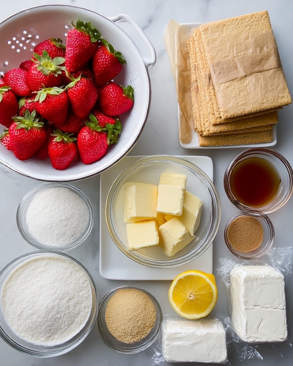 The image shows an overhead view of several clear glass bowls and containers arranged neatly on a white marbled surface. There is one large white colander filled with bright red strawberries with green tops in the upper left corner. To the right, there is a stack of beige graham crackers wrapped in brown paper. Below the strawberries, a rectangular white plate holds several chunks of light yellow butter. Next to it, a large glass bowl is filled with white granulated sugar. In the center, a glass bowl contains a thick white cream or yogurt. To the top right, smaller bowls hold brown liquid, beige brown sugar, and white powdered sugar. A half-cut lemon with a yellow rind and pale yellow inside sits near the cream. Two blocks of white cream cheese, still in plastic wrap, are placed on the lower right side. The colors are soft with natural textures of fruit, crumbly crackers, and soft cream. photo taken with an iphone --ar 4:5 --v 7
