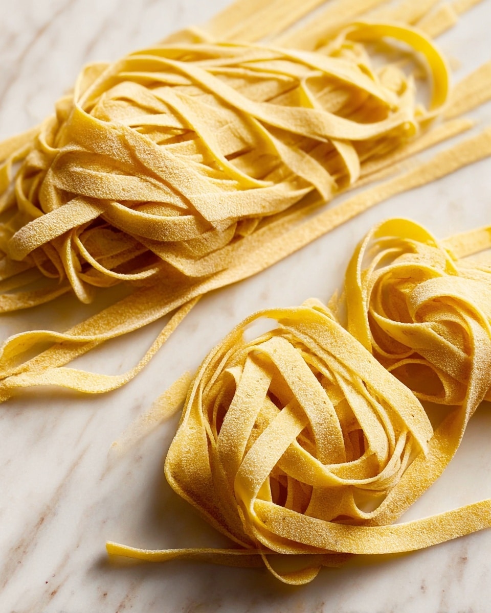 The image shows a close-up of fresh pasta noodles laid out on a white marbled surface. There are two groups of noodles: one cluster of thin, long strips lying flat with slightly curled ends, and another group of flatter, wider strips that are twisted and folded loosely together. The pasta has a light yellow color with a slightly rough texture, giving it a handmade appearance. Fine specks on the noodles hint at whole grain or seasoning mixed into the dough. The white marbled background highlights the natural color and texture of the pasta. photo taken with an iphone --ar 4:5 --v 7