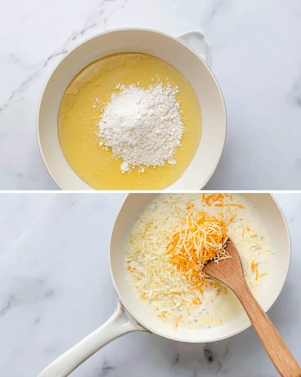 The first image shows a white pan with golden melted butter as the base layer and a small pile of white flour in the center on top of the butter, sitting on a white marbled surface. The second image features the same white pan filled with a creamy white sauce covering the base, with two piles of shredded cheese on one side—one orange and one pale yellow—partly mixed into the sauce by a wooden spatula placed in the middle, also set on a white marbled surface. Photo taken with an iphone --ar 4:5 --v 7