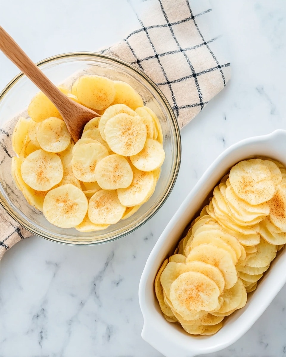 The image shows two views of sliced round potato pieces that are light yellow with a light dusting of seasoning on top. On the left, the potato slices are in a clear glass bowl with a wooden spoon stirring them; the bowl sits on a white marbled surface with a beige and black checkered cloth nearby. On the right, the slices are layered flat and evenly in a white oval dish on the same white marbled surface. The potato slices appear thin and uniform, each layer overlapping slightly. Photo taken with an iphone --ar 4:5 --v 7