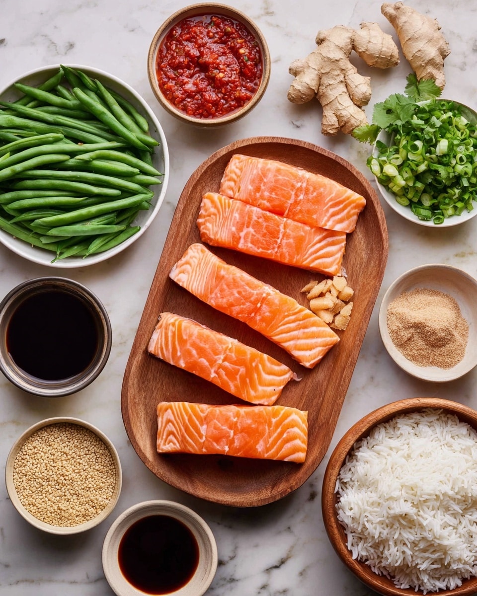 The image shows a wooden oval tray holding four orange salmon fillets with visible white lines creating a striped pattern, arranged side by side in the center right. Surrounding the tray are small white bowls and dishes containing different ingredients: at the top left, a white bowl is filled with green beans; next to it is a white bowl with bright red sauce. Above the tray toward the top right, a white dish holds fresh green cilantro and two pieces of beige ginger root. Toward the top center right is a small white bowl with brown sugar. Near the bottom left, round dishes save sesame seeds, chopped green onions, dark soy sauce, and light mustard sauce. On the bottom right, a wooden bowl contains white cooked rice. The background is a white marbled surface. photo taken with an iphone --ar 4:5 --v 7
