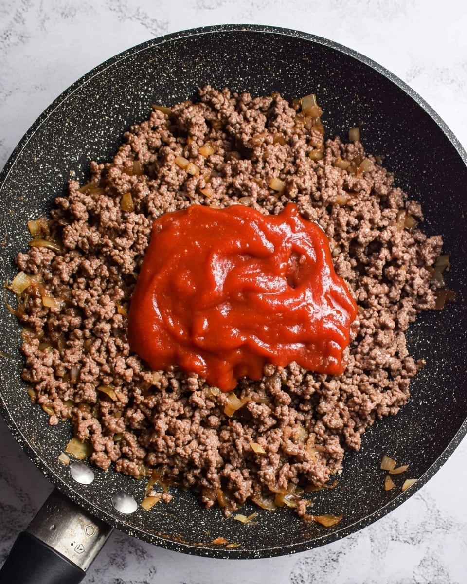 The image shows a black speckled frying pan filled with cooked ground meat mixed with small pieces of cooked onion, giving a texture of small brown chunks and translucent bits all over. In the center of the pan, a dollop of thick, smooth red sauce is spread on top of the cooked meat mixture, creating a contrast between the colors and textures. The pan has black handles on each side and rests on a white marbled surface. Photo taken with an iphone --ar 4:5 --v 7