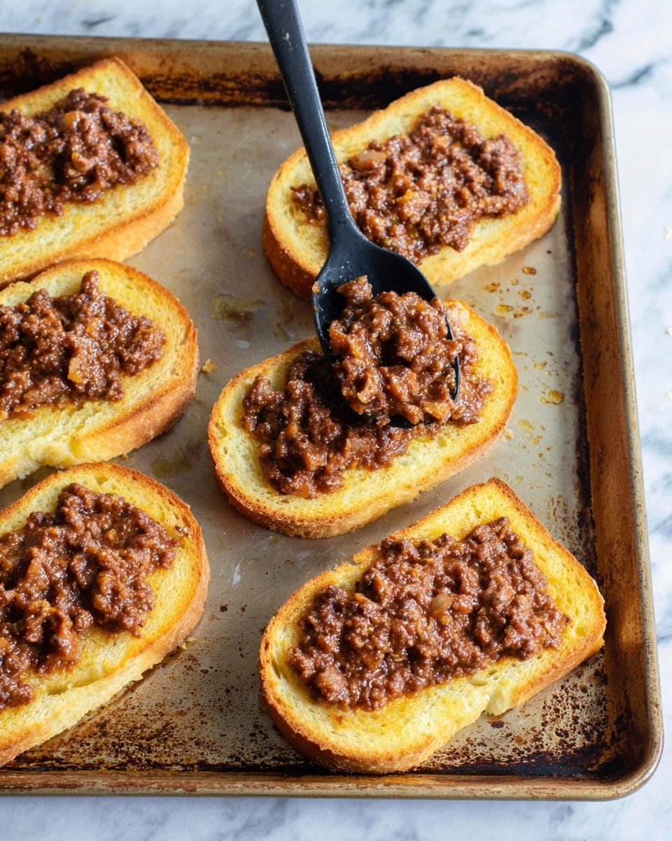 The image shows six slices of toasted golden yellow bread with a slightly crispy texture spread on a metal baking tray with a worn surface. Each slice has a thick layer of chunky brown meat sauce on top, with visible texture from small pieces of meat and sauce mingling together. A black spoon is holding a portion of the meat sauce above one slice near the bottom center, giving a close view of the sauce’s thickness. The setup is on a white marbled surface that can be seen beyond the tray edges. photo taken with an iphone --ar 4:5 --v 7