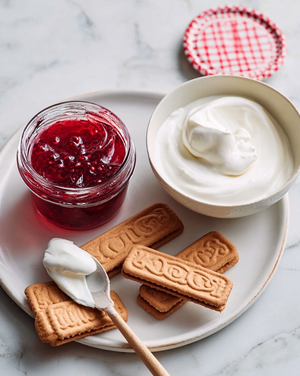 A white plate with a small clear glass jar of bright red berry jam filled almost to the top, with visible berry seeds and a spoon inside. Next to the jar on the plate are several light brown rectangular Lotus biscuits with a textured edge, stacked and scattered. Beside the plate is a white bowl filled with smooth, thick white cream or yogurt with a wooden spoon resting inside, the spoon holding a scoop of cream. The background is a white marbled texture, with a red and white checkered lid placed near the plate. Photo taken with an iphone --ar 4:5 --v 7