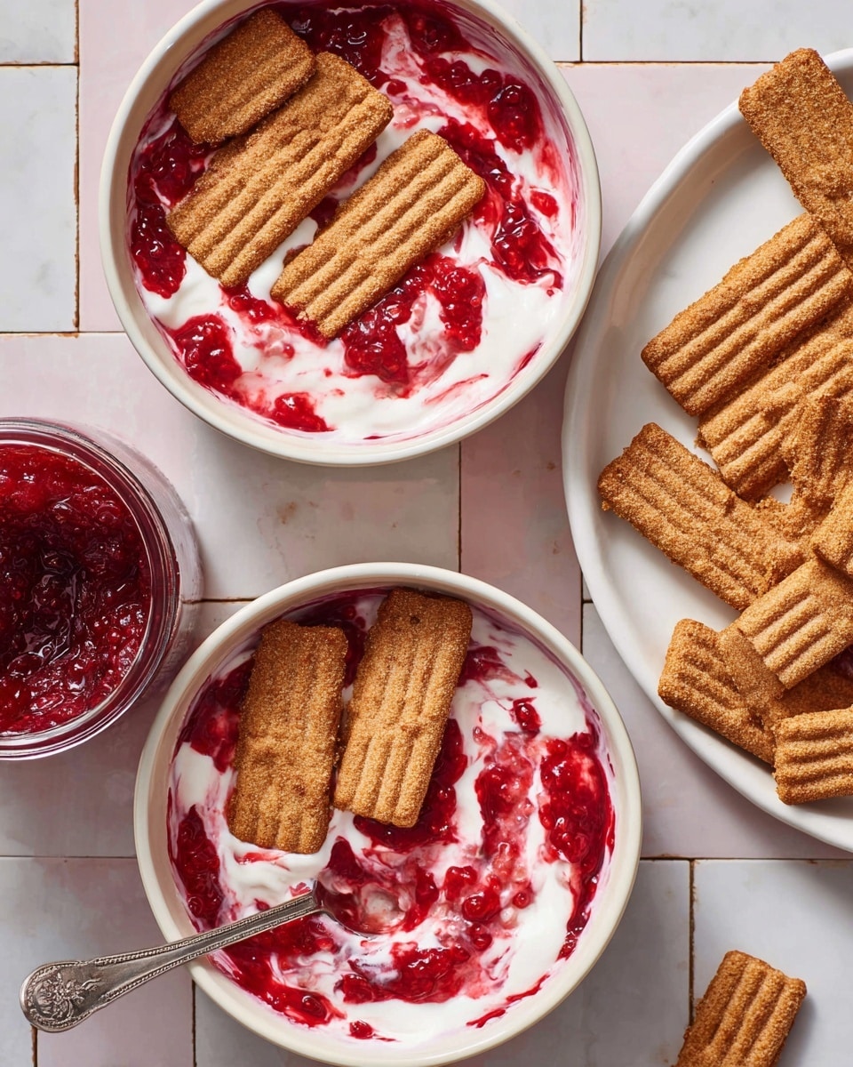 The image shows two white bowls filled with three visible layers: a creamy white yogurt base, a bright red and slightly chunky raspberry jam swirled in the yogurt, and on top, six to seven crisp, golden-brown rectangular cookies with ridged edges, arranged in a grid pattern. To the right, a white plate holds a pile of similar golden-brown cookies stacked unevenly. In the bottom left, there is a glass jar filled with the same red raspberry jam, with a silver spoon resting inside. The bowls and plate are placed on a white marbled surface with light pink tiles partially visible. Photo taken with an iphone --ar 4:5 --v 7