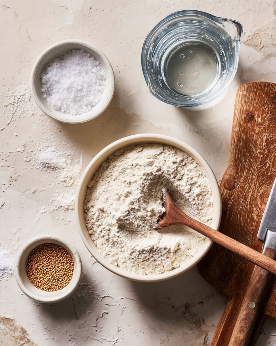 The image shows a white bowl filled with white flour, with a wooden spoon resting inside, partially covered by the flour. To the top left is a small bowl holding coarse white salt. To the top right is a clear glass measuring cup filled with water. Below the measuring cup is a small white bowl containing brown mustard seeds. The items are all placed on a white marbled surface with subtle veins, and a wooden chopping board with a knife's handle is visible on the far right. photo taken with an iphone --ar 4:5 --v 7