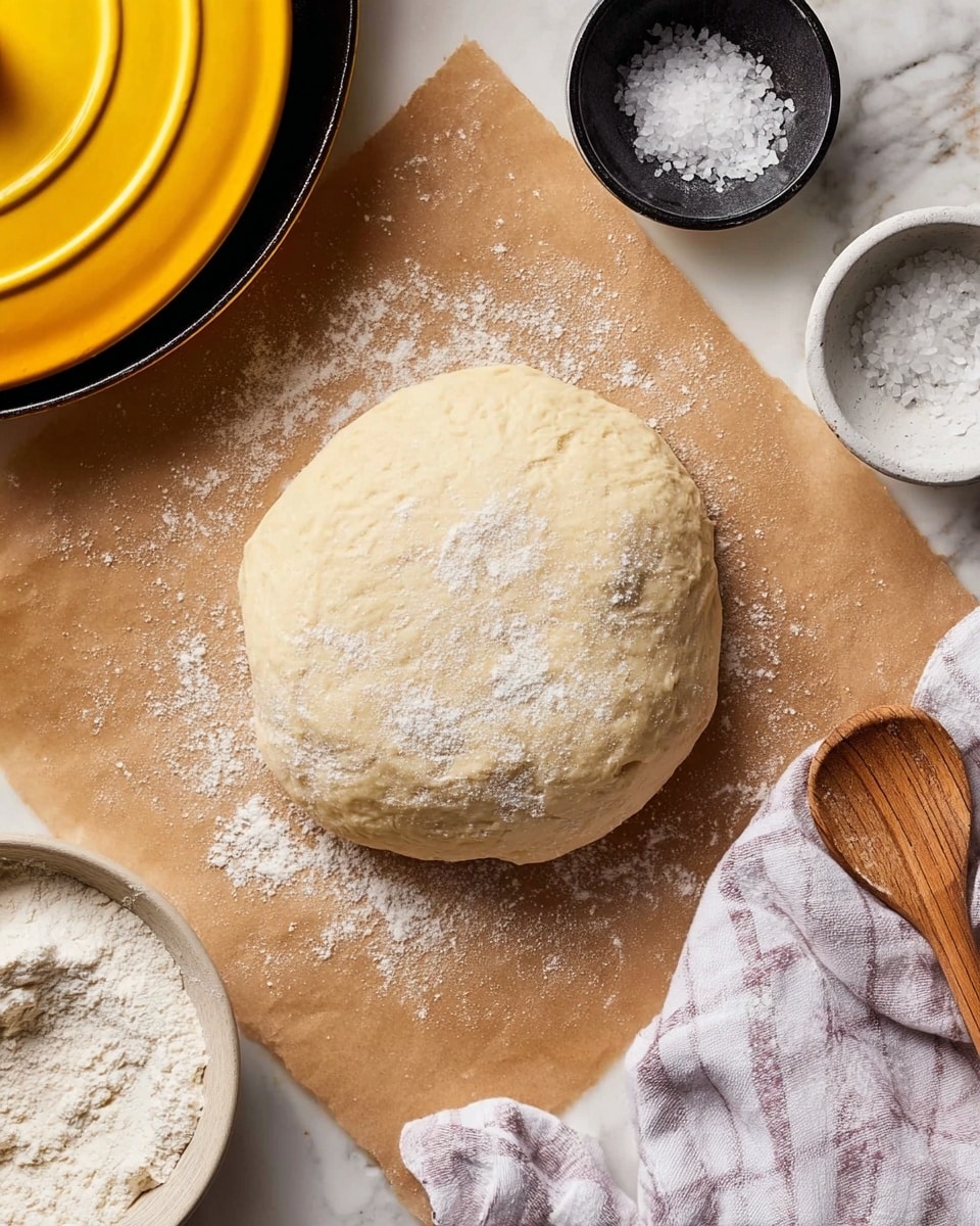 The image shows a round dough ball resting on a sheet of brown parchment paper lightly dusted with flour. Surrounding the dough are cooking tools and ingredients: a yellow cast iron pan's edge at the top left, a small black bowl filled with coarse salt at the top right, a white bowl of flour at the bottom left, and a wooden spoon with a textured handle near the salt bowl. A white and light purple checkered cloth is partially visible at the bottom right, all set on a white marbled surface. The dough looks soft with a slightly uneven texture and a soft dusting of flour photo taken with an iphone --ar 4:5 --v 7