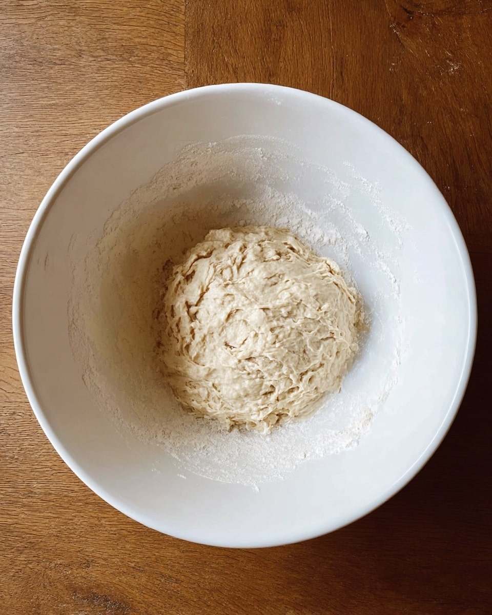 The image shows a white bowl containing a single layer of wet dough that is light beige in color with a bumpy and sticky texture. The dough sits in the center of the bowl, with some flour residue stuck to the sides of the bowl. The bowl is placed on a wooden surface. Photo taken with an iphone --ar 4:5 --v 7