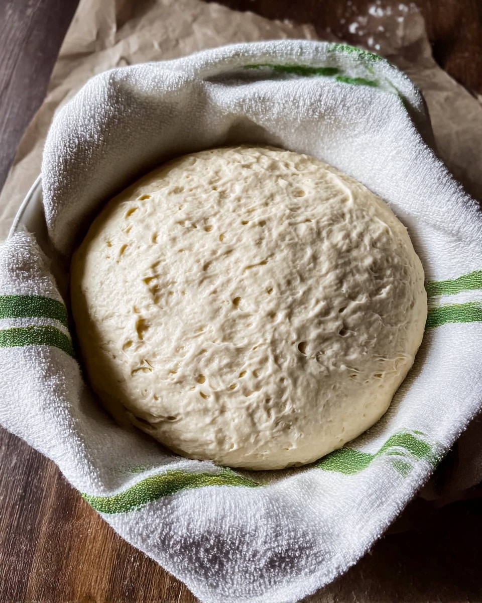The image shows a large, round dough ball with a bubbly and slightly uneven surface, resting inside a white textured cloth with green stripes. The dough is pale off-white and looks soft and fresh, filling the cloth-lined bowl fully and rising up with some air pockets visible. The setup is on a wooden surface with some paper underneath, giving a rustic feel. photo taken with an iphone --ar 4:5 --v 7