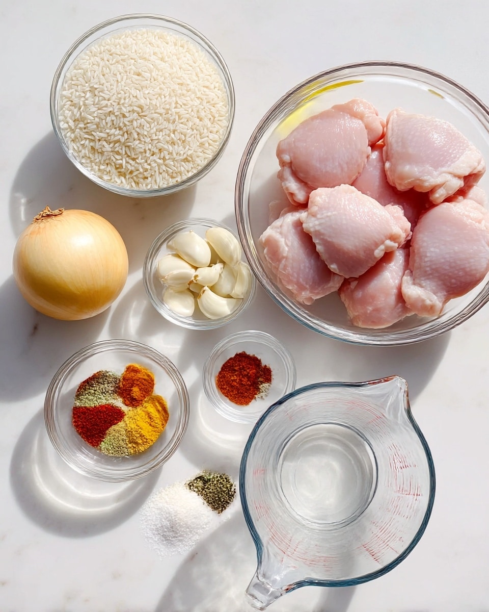 The image shows various clear glass bowls placed on a white marbled surface. One large bowl on the right holds five raw pink chicken thighs with a smooth texture. Below it, a clear glass measuring cup is empty, showing its handle. To the left, a medium bowl is filled with long-grain white rice. Above this bowl, a smaller bowl contains six peeled garlic cloves, and next to it is a whole yellow onion with a smooth outer layer. Above the rice bowl and onion, another small bowl holds a mix of colorful spices including bright orange, deep red, light yellow, green, and beige powders arranged in small piles. Another tiny bowl near the spices holds coarse salt and ground black pepper. On the top right corner, a clear glass bottle contains light yellow oil with a round stopper. The scene is clean and bright with natural lighting, photo taken with an iphone --ar 4:5 --v 7