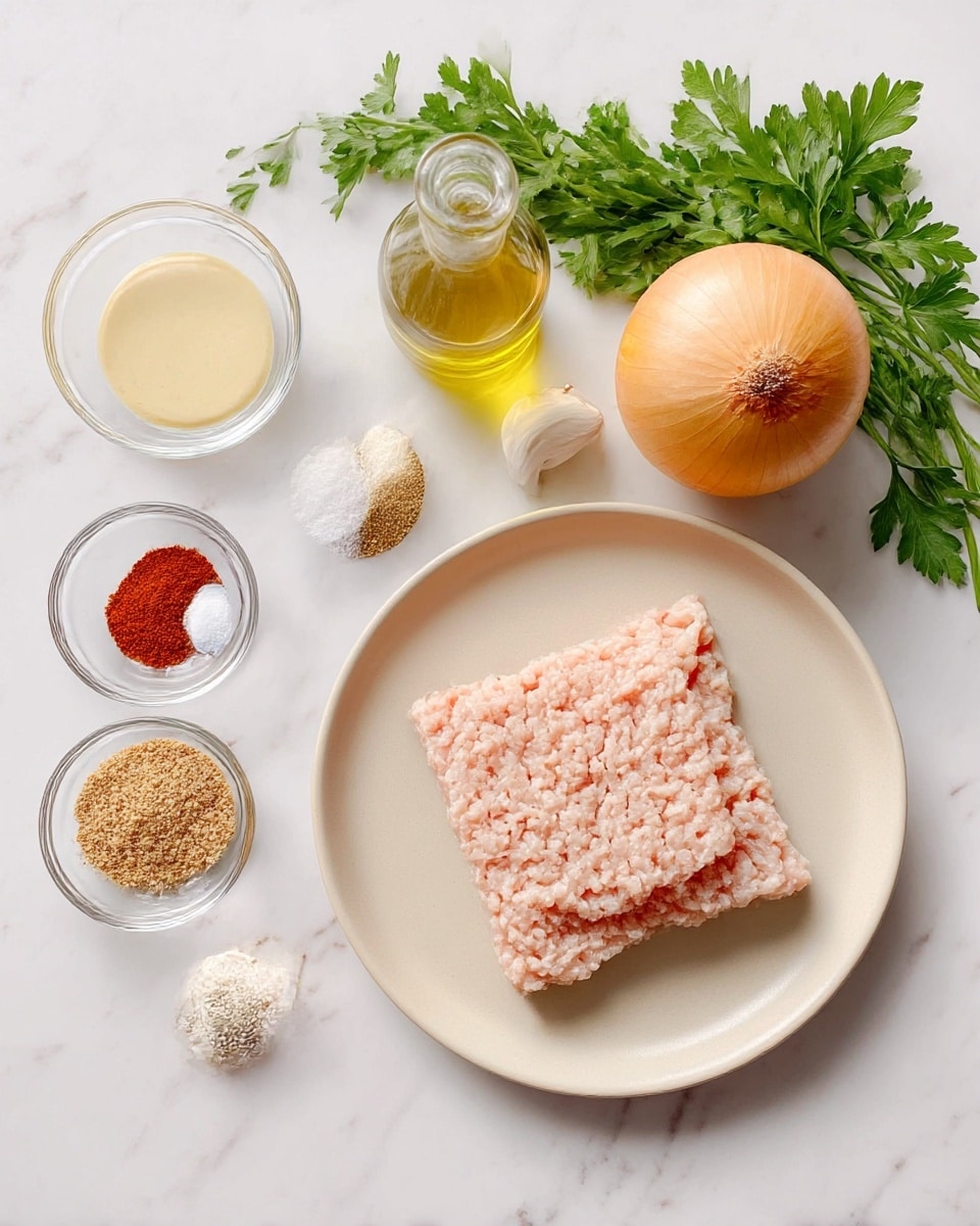 The image shows a light beige plate holding a square piece of pale pink ground chicken. To the left of the plate, there are three small clear glass bowls arranged with different ingredients: one with a light yellowish creamy sauce, one with light brown breadcrumbs, and one with three kinds of spices (red, white, and black) in small piles. Above these, a small glass bottle of light yellow oil stands next to a white garlic clove. In the middle background, fresh green parsley lies between the bottle and the plate. To the right of the plate, a whole yellow onion sits on a white marbled surface. The overall scene is bright and clean, showing the raw ingredients neatly placed. photo taken with an iphone --ar 4:5 --v 7