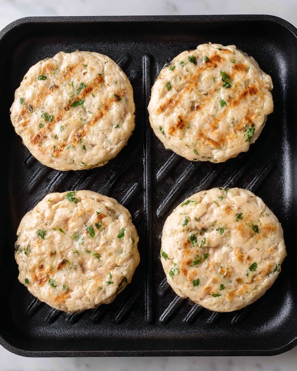 Four round light beige chicken patties with small green herb pieces are placed on a black grill pan with raised diagonal lines. Each patty shows a slightly uneven texture with little dips and hints of browning on the surface. The pan is set on a white marbled surface. photo taken with an iphone --ar 4:5 --v 7