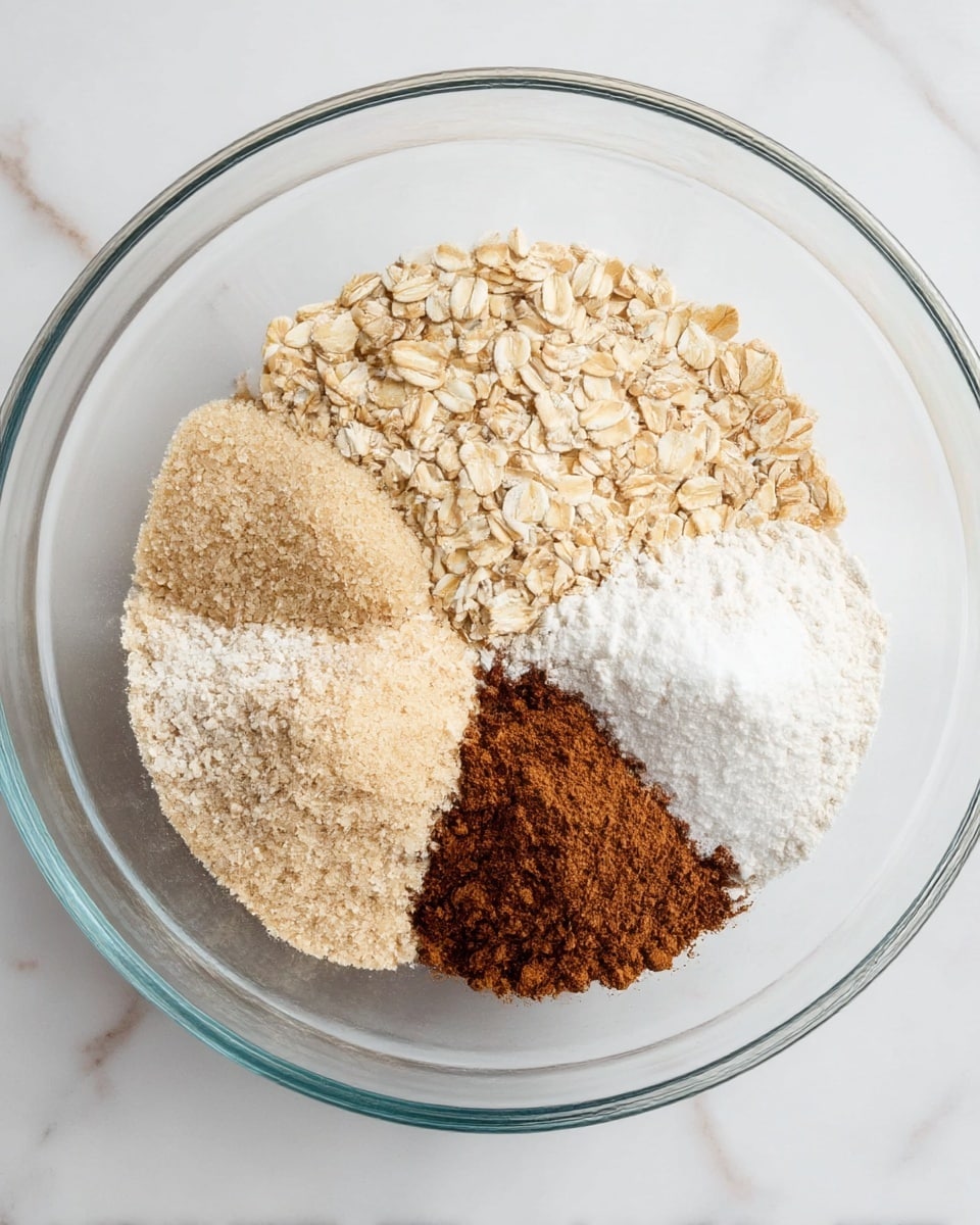 A clear glass bowl sits on a white marbled surface, containing four separate piles of dry ingredients arranged in sections that form a loose circle. One section shows light beige sugar granules, another has flat, pale brown rolled oats, a third holds a small mound of dark brown cinnamon powder, and the last contains bright white flour mixed with a pinch of salt. The ingredients are distinct but close, ready to be mixed together. photo taken with an iphone --ar 4:5 --v 7