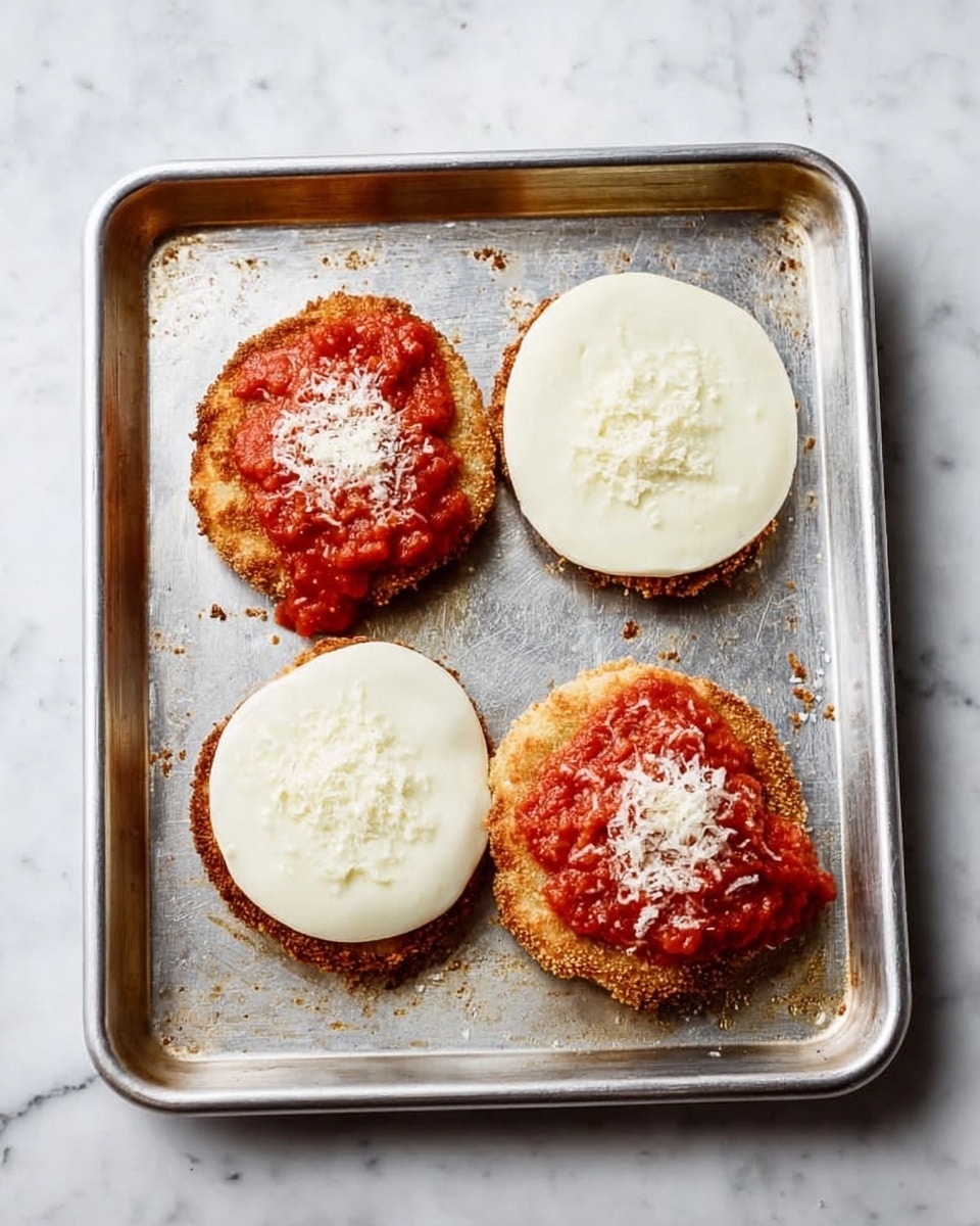 The image shows a silver baking tray placed on a white marbled surface. On the tray, there are two crispy brown breaded rounds each topped with a bright red chunky tomato sauce. Next to these, there are two large, smooth white cheese slices, each sprinkled with a small pile of fine white grated cheese in the center. The tray has some crumbs and light stains from baking. Photo taken with an iphone --ar 4:5 --v 7