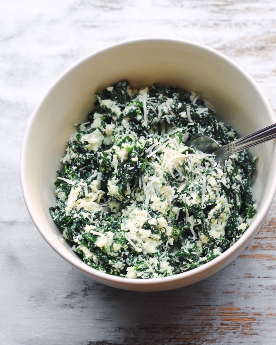 A white bowl filled with a mixture of chopped dark green spinach and white shredded cheese, with a grainy texture that suggests the presence of grated cheese or ricotta, and a silver fork sticking into the mixture on the right side of the bowl. The bowl is on a surface with a white marbled texture. photo taken with an iphone --ar 4:5 --v 7