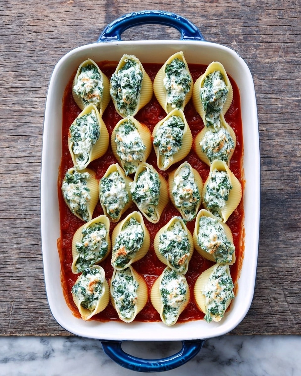 A white baking dish with blue handles is filled with large pasta shells arranged in a single layer on a red tomato sauce base. Each shell is stuffed with a creamy white cheese and finely chopped green spinach mixture, giving a textured contrast between the smooth sauce and the slightly crumbly filling. The colors stand out well against the white dish and the background of white marbled texture is not visible but implied. Photo taken with an iphone --ar 4:5 --v 7