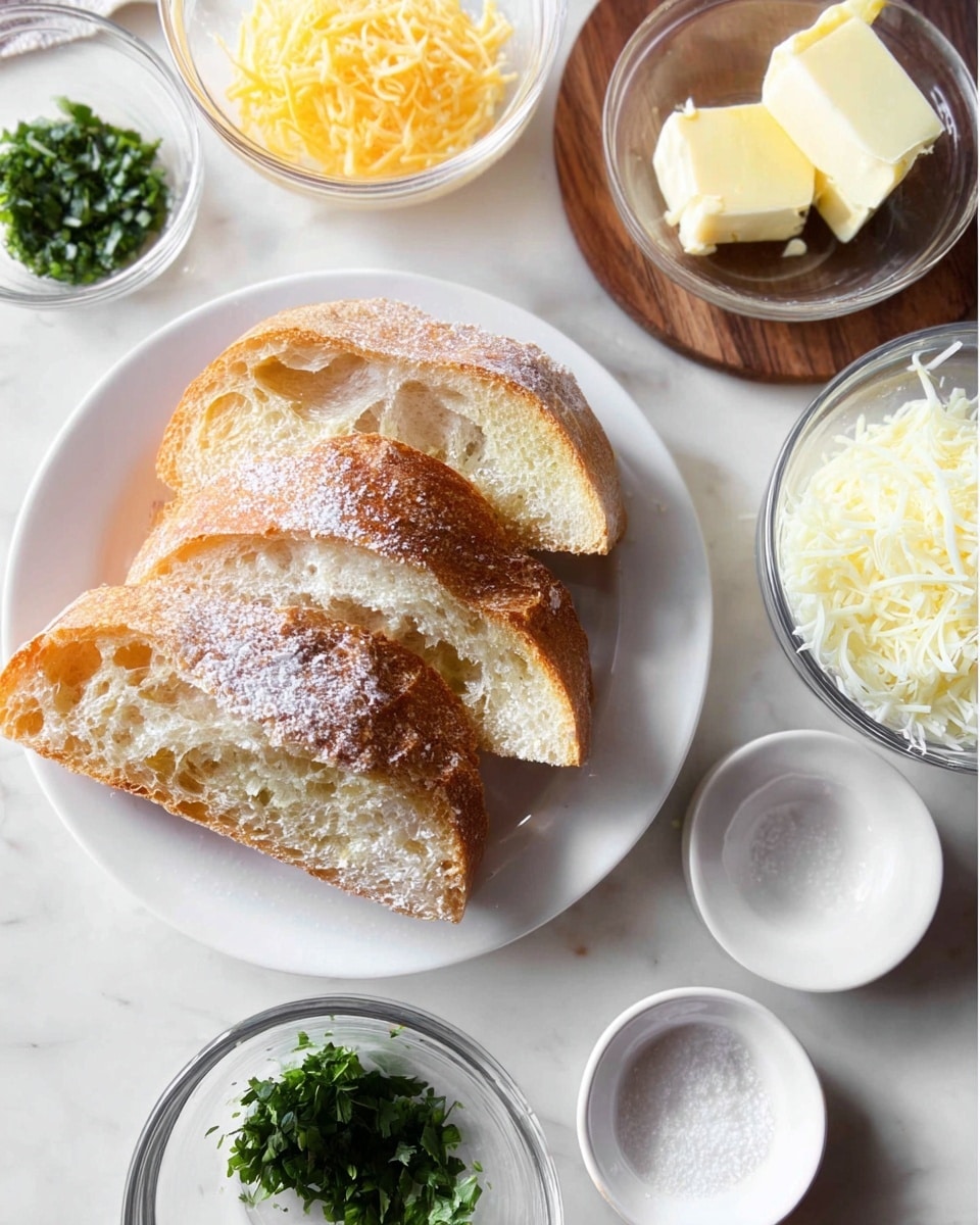 The image shows four slices of toasted bread with a golden-brown crust and light dusting of flour, placed on a white plate on a white marbled surface. Surrounding the plate are small bowls and dishes: one with grated yellow cheese, one with fresh chopped green herbs, a clear glass bowl with two pieces of pale yellow butter, another clear bowl filled with finely shredded white cheese, and a small white dish holding some salt. The setup looks neat with the ingredients ready for making a flavorful toast or bread topping, photo taken with an iphone --ar 4:5 --v 7