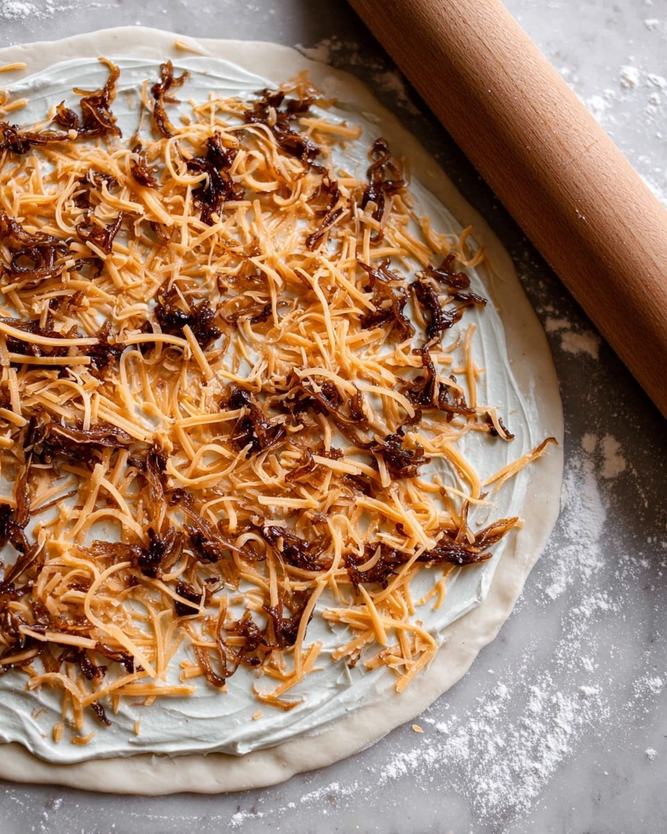 A flat dough layer stretched out on a white marbled surface, topped with a smooth white creamy spread as the first layer, scattered dark brown caramelized onion pieces as the second layer, and a generous amount of shredded pale orange cheese spread unevenly over the top. A wooden rolling pin is placed near the top right corner of the dough, with some flour sprinkled on the marbled surface around it. Photo taken with an iphone --ar 4:5 --v 7