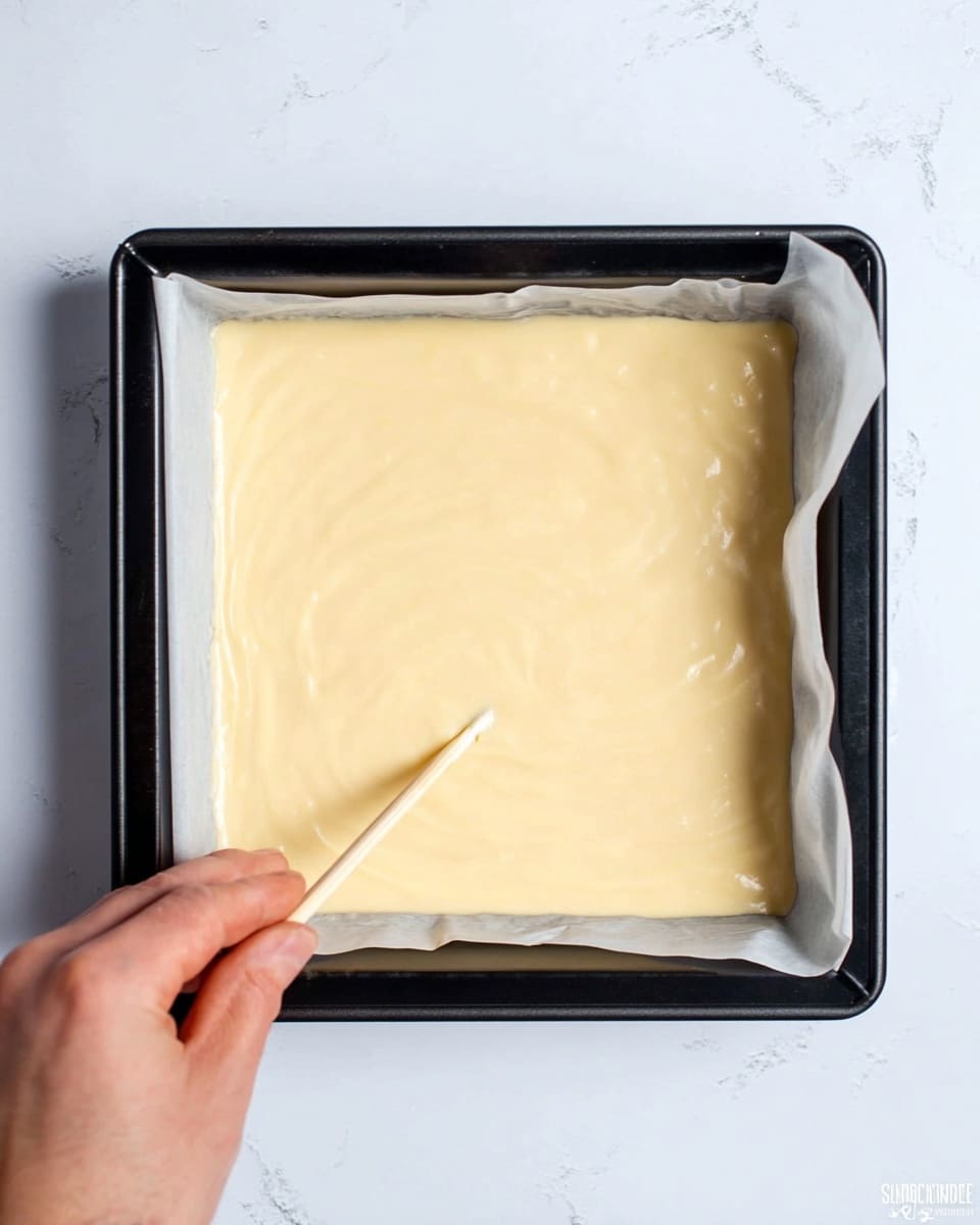 A square black baking pan lined with white parchment paper holds a smooth, pale yellow batter evenly spread across the surface. A woman's hand is holding a thin stick, gently touching the batter near the bottom left corner, creating a slight indentation. The background shows a white marbled texture. photo taken with an iphone --ar 4:5 --v 7