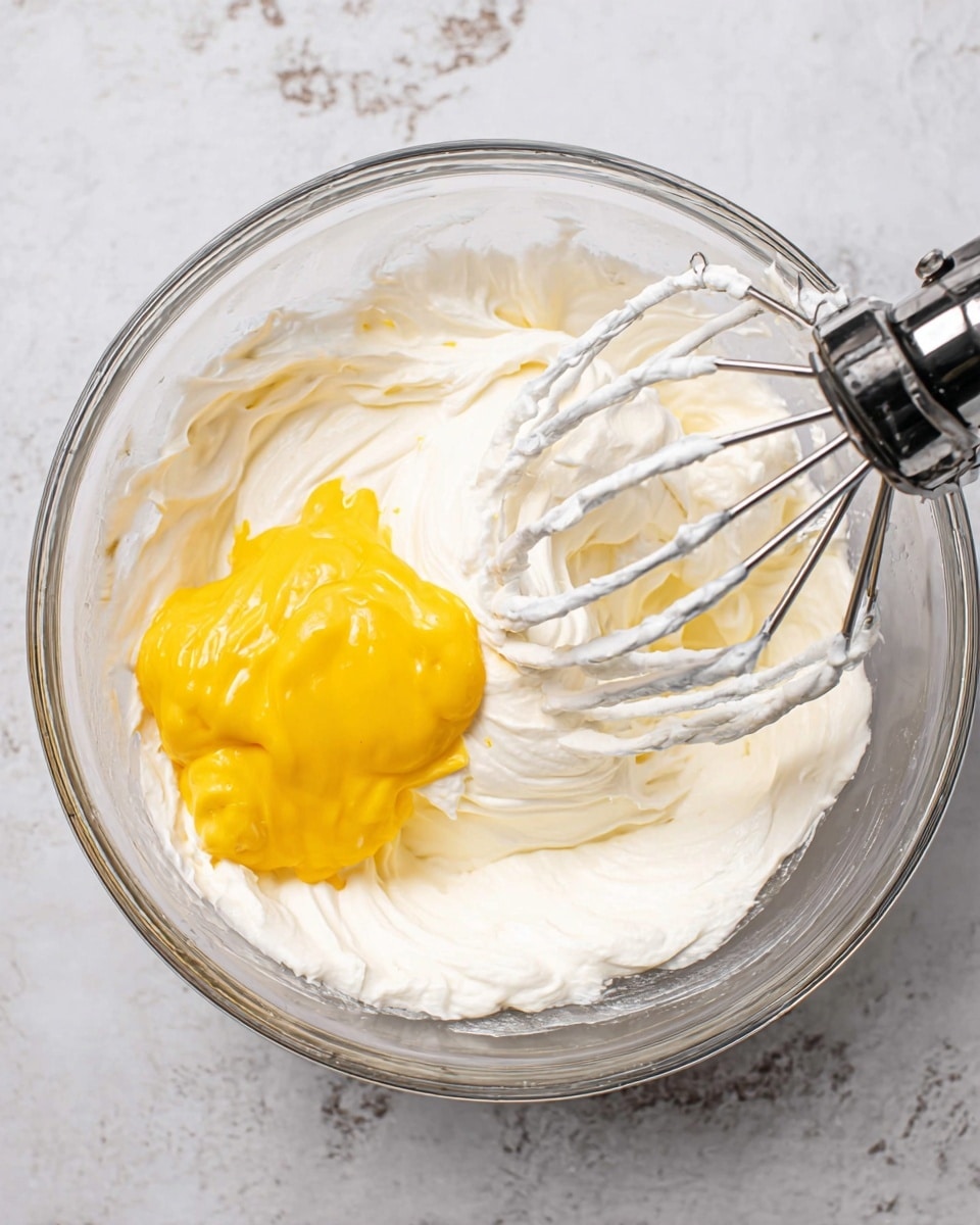 A clear glass bowl sits on a white marbled surface, containing two layers of ingredients. The bottom layer is a thick and smooth white cream spread across the bowl with a whipped texture, swirling gently around the sides. On top of this, near the left center, is a dollop of thick bright yellow custard sitting loosely over the white cream. A mixer with shiny silver beaters is partially immersed in the cream on the right side of the bowl, showing bits of white cream clinging to the beaters. photo taken with an iphone --ar 4:5 --v 7