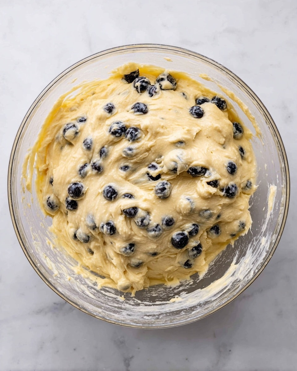 A clear glass bowl holds a thick, pale yellow batter filled with scattered dark blueberries. The batter has a creamy texture with soft peaks and ridges, showing clusters of blueberries embedded evenly throughout. The bowl is placed on a white marbled surface, and the batter clings lightly to the sides of the glass, creating a mix of smooth and textured areas inside. photo taken with an iphone --ar 4:5 --v 7