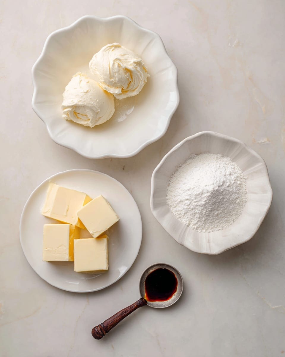 The image shows four ingredients laid out on a white marbled surface. At the top center, there is a white scalloped bowl filled with two soft mounds of cream cheese, smooth and pale cream in color. To the right, another white scalloped bowl holds a fine white powdered sugar, looking light and fluffy. Below and slightly to the left, a white plate contains three small blocks of pale yellow butter with a soft texture. At the bottom right, there is a small spoon with a dark wooden handle holding a small amount of dark amber vanilla liquid. All items are neatly arranged and clearly labeled. Photo taken with an iphone --ar 4:5 --v 7