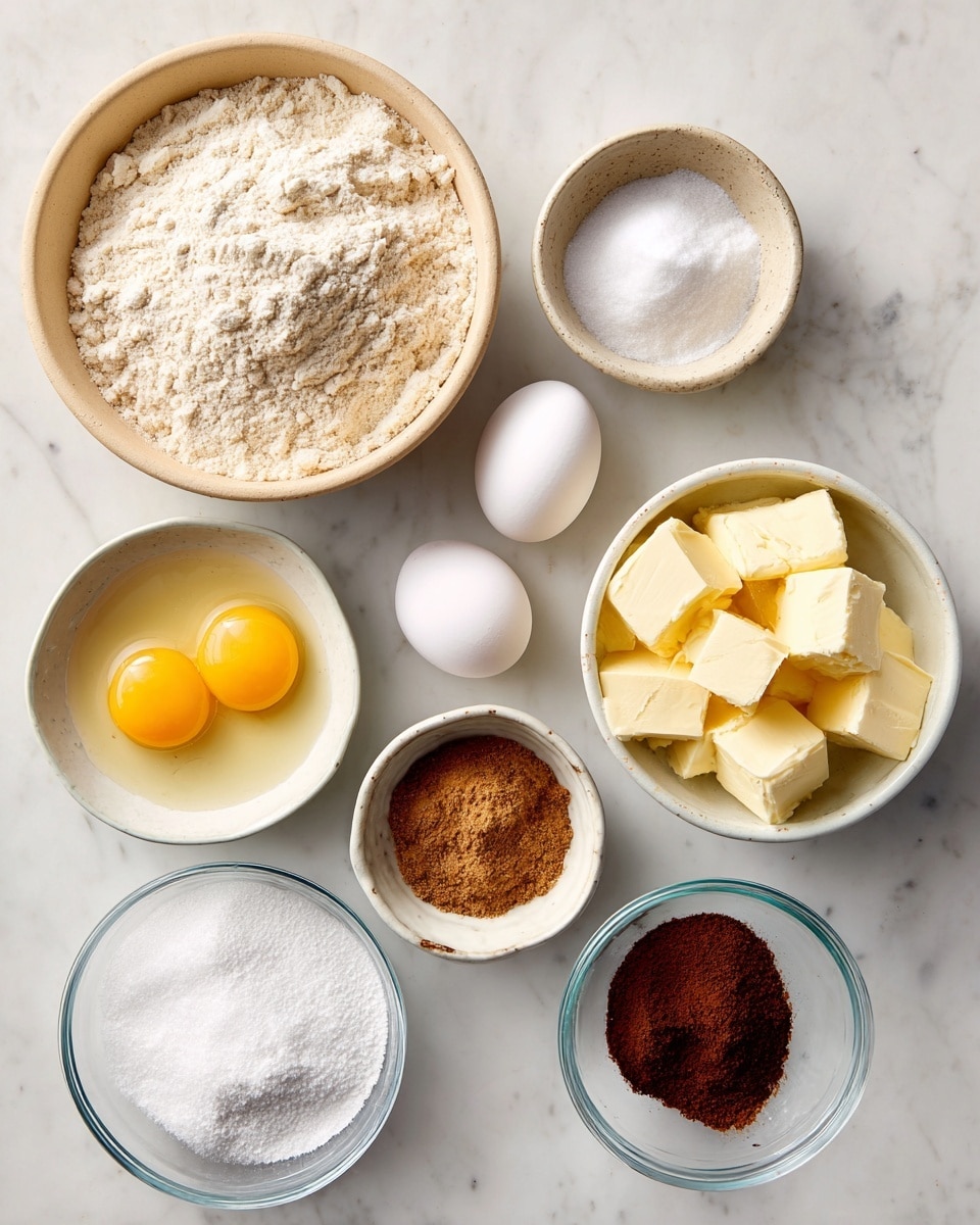 The image shows seven bowls of baking ingredients arranged on a white marbled surface. At the top left, a large beige bowl is filled with light beige all-purpose flour. To its right, two small beige bowls contain white baking soda and salt respectively. Below the flour, a white bowl holds two raw eggs with visible yellow yolks. Next to the eggs, a white bowl is full of thick yellow butter chunks. To the right of the butter, a small white bowl contains dark brown cinnamon powder. At the bottom center, a clear glass bowl is filled with white sugar. Each bowl is clean and placed neatly with clear labels identifying the ingredients photo taken with an iphone --ar 4:5 --v 7