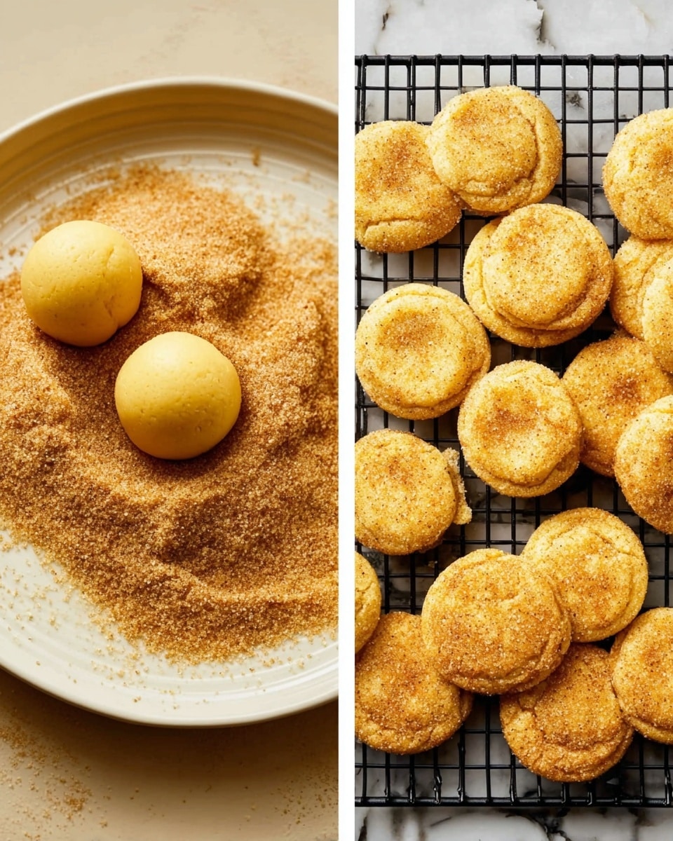 The image shows two scenes side by side. On the left, a close-up of a white plate with brown sugar spread evenly across it, where three dough balls are sitting; one dough ball is being rolled in the sugar, covered in a smooth yellow dough coating, and the other two balls are already coated with a grainy layer of brown sugar. On the right, a black cooling rack holds many light golden-brown cookies with a slightly cracked surface, arranged closely on a white marbled background. Photo taken with an iphone --ar 4:5 --v 7