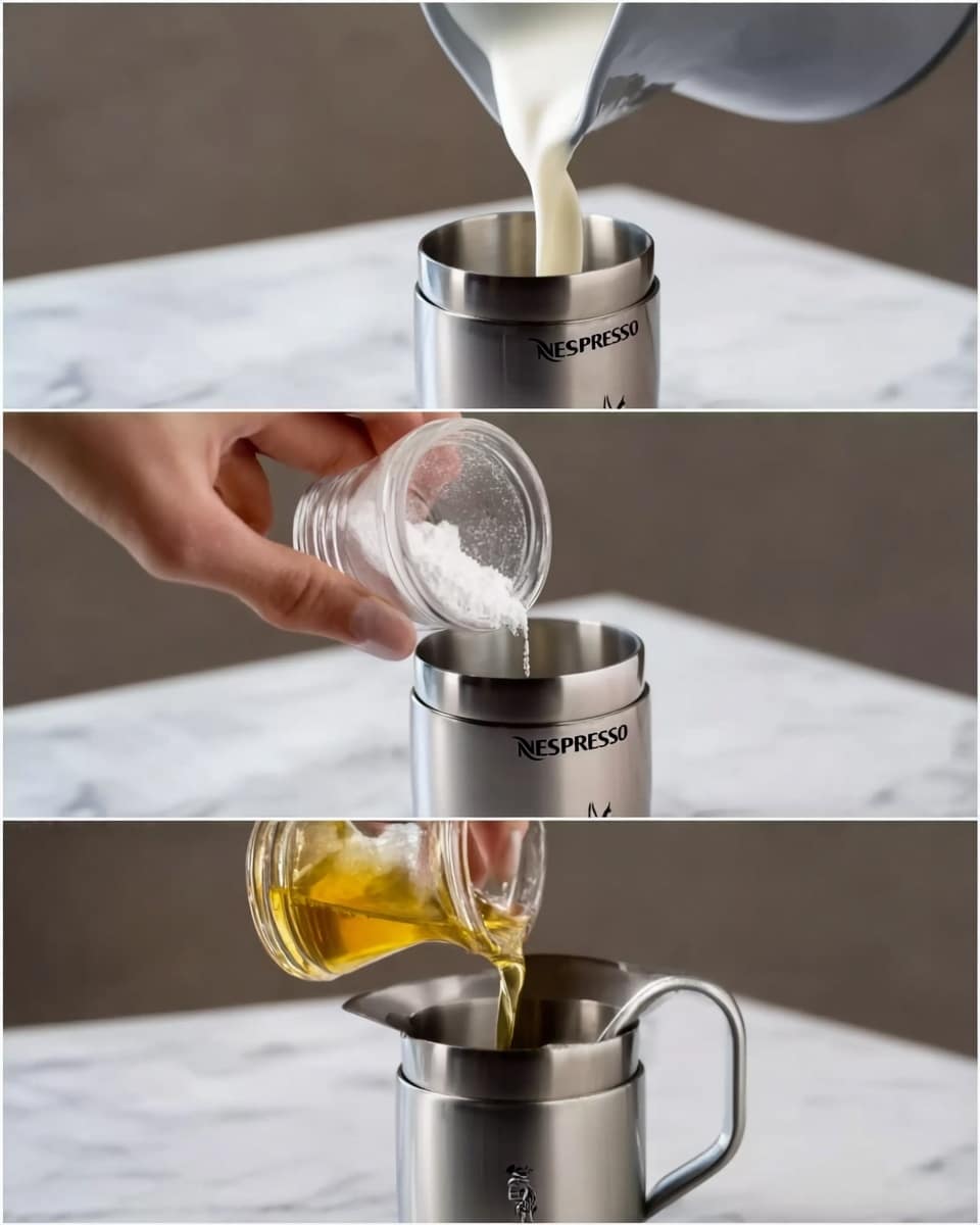 The image shows three close-up shots stacked vertically, each featuring a stainless steel coffee frother with the word