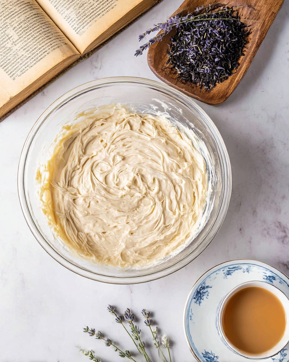 A clear glass bowl filled with a creamy, light beige mixture that has a fluffy, smooth texture with visible swirls and peaks sits on a white marbled surface. To the bottom left of the bowl, there is an open vintage book with yellowed pages, and next to it, a small wooden dish containing dark loose tea leaves topped with small purple lavender flowers. To the bottom right, a white cup filled with light brown coffee or tea rests on a matching white saucer, decorated with blue illustrations. Some sprigs of fresh lavender and small white flowers are scattered around the bowl, cup, and book, adding gentle touches of purple and green. photo taken with an iphone --ar 4:5 --v 7