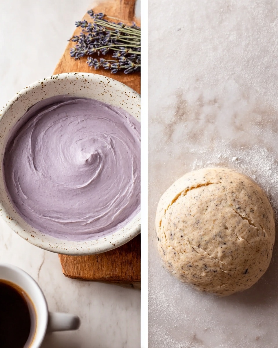 The left image shows a white bowl with speckles, filled with a smooth, light purple cream spread evenly inside. Next to the bowl is a wooden board with dried lavender flowers, and part of a white cup with coffee is visible at the bottom. The background has a white marbled texture. The right image shows a single round dough ball with a light brown color and darker specks throughout, placed on a lightly floured white marbled surface. The dough has a soft, even texture with some small cracks on top. photo taken with an iphone --ar 4:5 --v 7