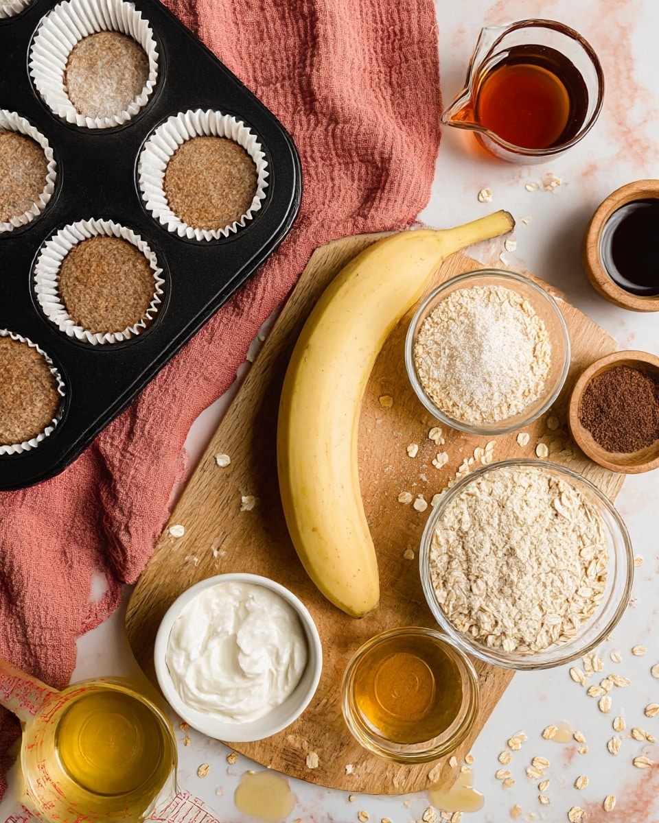 The image shows a wooden cutting board on a white marbled surface, with two peeled bananas placed side by side near the center. Around the board, there are several small bowls and containers: a clear glass bowl filled with rolled oats on the right side, a small white bowl with a mix of brown and white powder near the center, and a clear bowl with a white creamy substance in the lower left corner. A metal measuring cup filled with golden liquid, likely oil, is near the bottom edge of the board. On the top left, a black muffin tin with white paper liners inside sits partially on a textured reddish-pink cloth. There is also a small glass measuring cup with a dark amber liquid near the top center and a small wooden bowl with another dark liquid at the top right corner of the board. Scattered oat flakes and some spilled liquid drops are visible on the board and surface. photo taken with an iphone --ar 4:5 --v 7