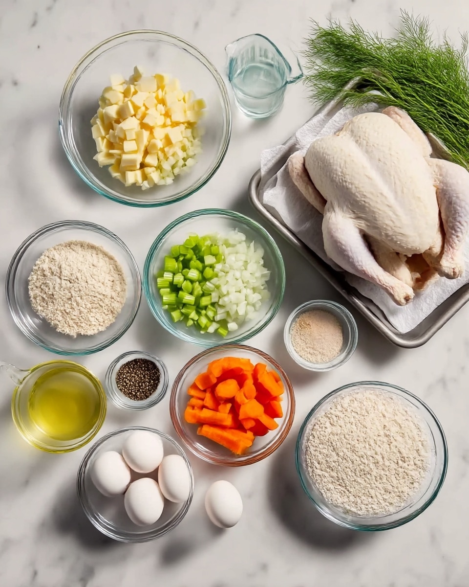 The image shows raw ingredients arranged on a white marbled surface. On the right side, there is a raw whole chicken lying in a metal tray lined with paper towels. In front of the chicken, there is a bunch of fresh green dill. Several clear glass bowls are spread out: one filled with diced pale yellow cheese, another with chopped white onions, one with chopped green celery, one with thinly sliced bright orange carrots, and one with six whole eggs. There is also a bowl with a light brown flour mix. Smaller bowls contain minced garlic, salt, and black pepper. A clear glass measuring cup with water and a small bowl of light yellow oil complete the layout. Everything is neatly organized and ready for cooking. photo taken with an iphone --ar 4:5 --v 7