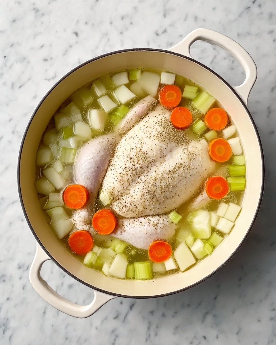 A top view of a deep white pot with two handles filled with a whole raw chicken submerged in clear water, surrounded by small cubes of white potato and light green celery. Several round orange carrot slices float near the chicken, scattered on the surface along with black pepper flakes. The pot is placed on a white marbled surface. photo taken with an iphone --ar 4:5 --v 7