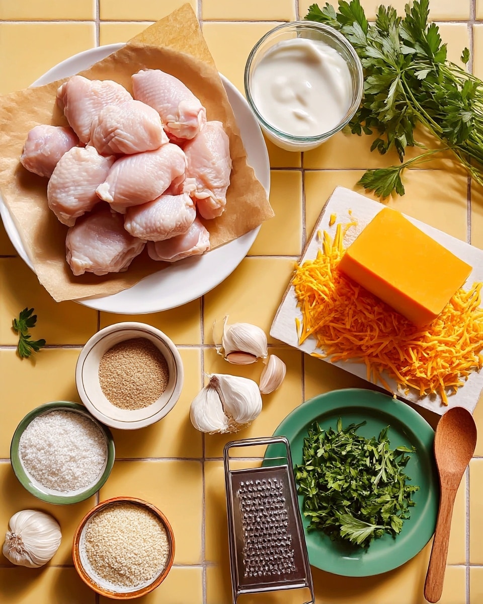 The image shows a white plate with a stack of raw chicken pieces placed on a light brown paper sheet in the middle left. To the right, a white plate holds a block of orange cheddar cheese with a pile of shredded cheddar cheese next to it, along with a silver grater below. Surrounding these are small bowls of dry flour, panko breadcrumbs, and two cloves of garlic on a small green plate. There is a clear glass bowl filled with white creamy yogurt and a wooden spoonful of fresh green parsley on a wooden board. All items sit on a yellow tiled surface with some parsley leaves scattered around. photo taken with an iphone --ar 4:5 --v 7