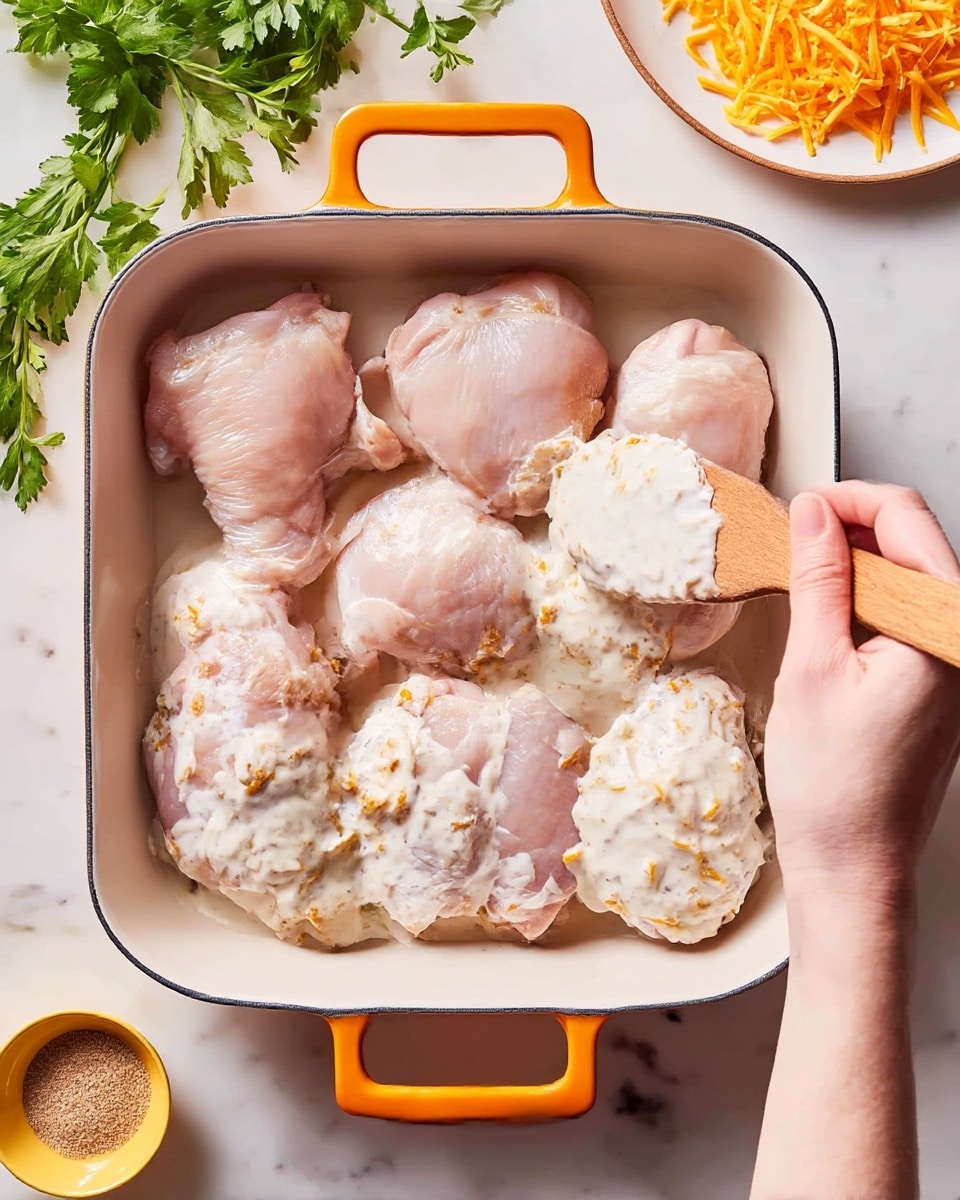 A white baking dish with orange handles holds six raw chicken thighs arranged in two rows of three, with the top three left bare showing pale pinkish skin, while the bottom three are covered with a creamy white sauce mixed with small bits of orange cheese, spread unevenly over each piece. The chicken sits on a white marbled surface, with the woman's hand holding a wooden spatula applying the sauce on the upper right piece. Around the dish, there are fresh green parsley leaves on the left, a white plate with grated orange cheese on the top right, and a small yellow bowl with light brown seasoning powder below it. Photo taken with an iphone --ar 4:5 --v 7