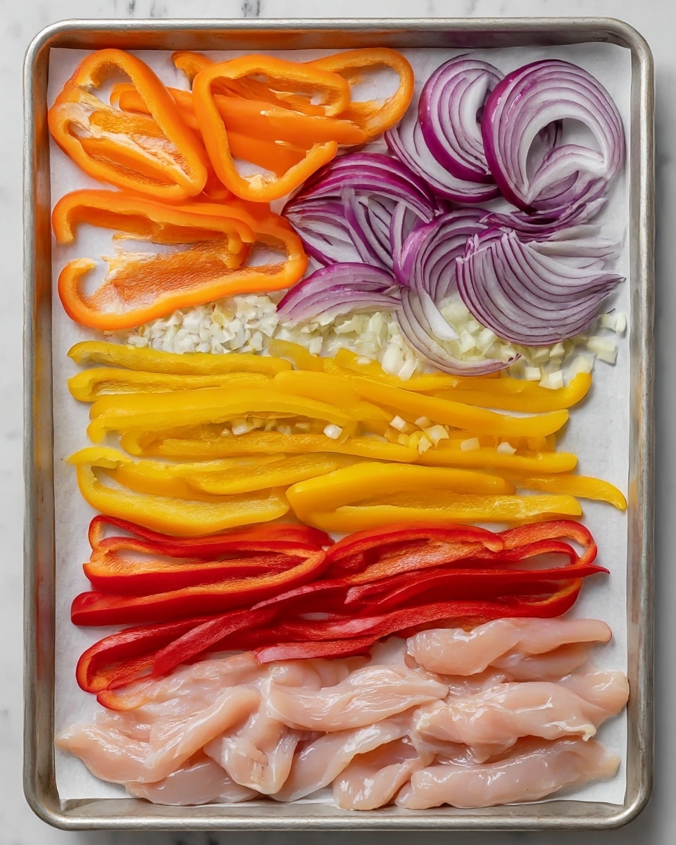 The image shows a baking tray with five layers of ingredients arranged horizontally. From top to bottom: bright orange bell pepper slices with smooth texture, thin rings of purple-red onion showing white inner layers, small chopped pieces of pale yellow garlic, thick slices of yellow bell pepper, long thin slices of red bell pepper, and at the bottom, raw pale pink chicken strips with smooth, moist texture. The ingredients are neatly lined up on white parchment paper inside the metal tray, all laid on a white marbled surface. Photo taken with an iphone --ar 4:5 --v 7