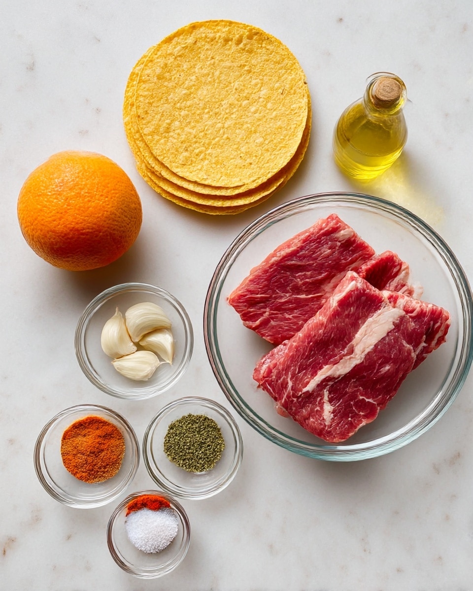 The image shows ingredients for cooking arranged on a white marbled surface. On the right, there is a clear glass bowl holding two pieces of raw red meat with white fat streaks. To the left, there are three stacked yellow corn tortillas with a rough texture. Above the tortillas is a whole, round orange fruit with a bright, smooth skin. Next to the orange is a small glass bottle of light yellow olive oil with a narrow neck and stopper. On the left side of the oil, two peeled garlic cloves are placed. In the center are two small clear bowls with spices; the top bowl contains a light brown powder, while the bottom bowl is divided into four parts with green herbs, bright red chili powder, and white salt. photo taken with an iphone --ar 4:5 --v 7
