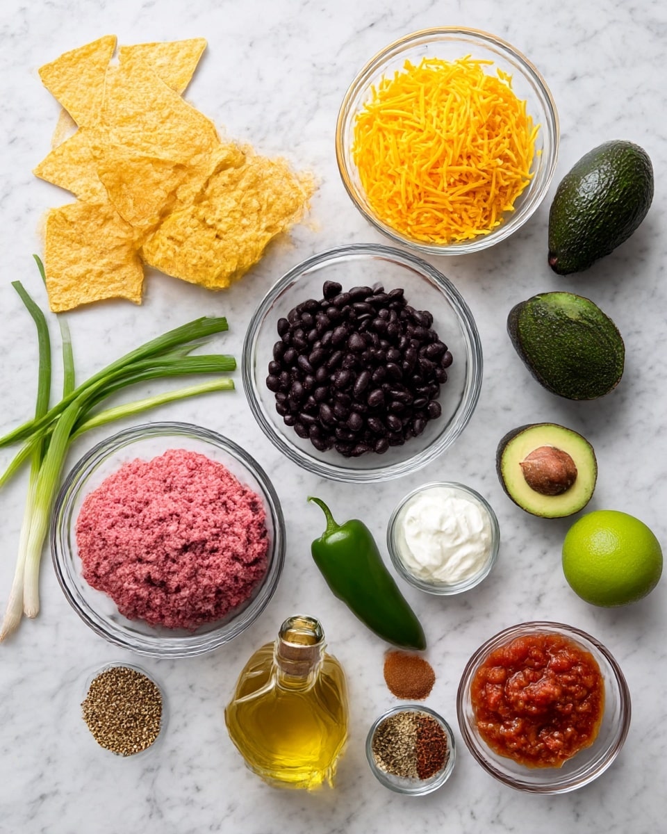 The image shows multiple ingredients arranged neatly on a white marbled surface. There are two clear glass bowls filled with bright yellow shredded cheese and dark black beans, and a smaller clear glass bowl with a dollop of white sour cream. Another clear glass bowl contains raw ground beef, pink in color with a coarse texture. Sliced yellow tortilla chips are placed on the top left. Three fresh green onions lie next to the chips, and two whole dark green avocados are placed near a small glass bottle of golden olive oil. A fresh green chili pepper, a yellow lemon, and a green lime are positioned near a small clear bowl filled with chunky red salsa. A clear small glass bowl holds a mix of brown, red, black, and white spices. Everything is positioned on a bright white marbled surface, well lit and clean. Photo taken with an iphone --ar 4:5 --v 7