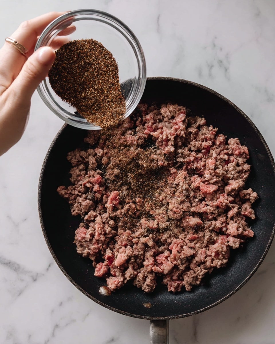 A black frying pan filled with cooked ground meat showing different shades of brown and pink, with a pile of dark brown spices being poured in from a small clear glass bowl held by a woman's hand in the bottom left corner. The scene is set on a white marbled surface. Photo taken with an iphone --ar 4:5 --v 7