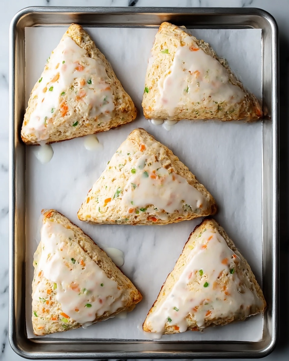 Six triangular scones sit evenly spaced on a silver baking tray lined with white parchment paper. Each scone is light beige with small, colorful pieces of green herbs and orange carrot bits mixed throughout, giving a speckled look. A shiny, smooth white glaze covers the top of each scone, slightly dripping down the sides in an uneven way. The tray rests on a surface with a white marbled texture. photo taken with an iphone --ar 4:5 --v 7