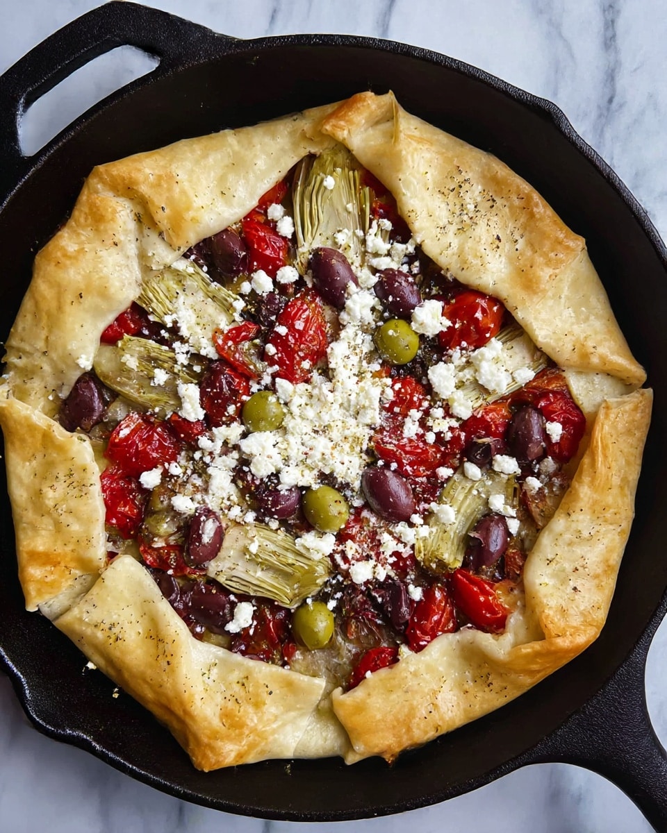 This image shows a round galette in a black cast iron skillet on a white marbled surface. The galette has a golden light brown folded crust forming a square border with four corners folded inward, leaving the center open. Inside the crust, the filling has three main layers: the bottom layer is a light beige with artichoke pieces, the middle layer has red cherry tomato halves, dark purple olives, and green sliced olives, and the top layer is scattered white crumbles of cheese that cover most of the filling. The fillings have a mix of matte and slightly shiny textures, with some seasoning visible on top. photo taken with an iphone --ar 4:5 --v 7